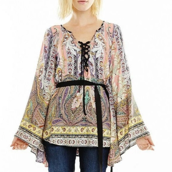 Aratta Embroidered Paisley Power Lace-Up Bell Sleeve Blouse